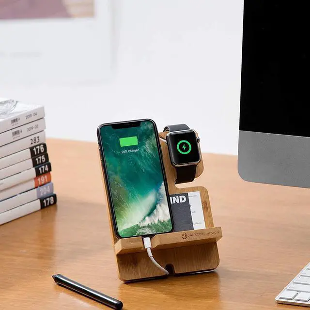 Alt view image 2 of 7 - JackCubeDesign Bamboo iPhone Apple Watch Charger Dock Stand Multi Device Charging Station Organizer Holder for Smartphone Cellphone Mobile Phone â\u201a¬â :MK243A