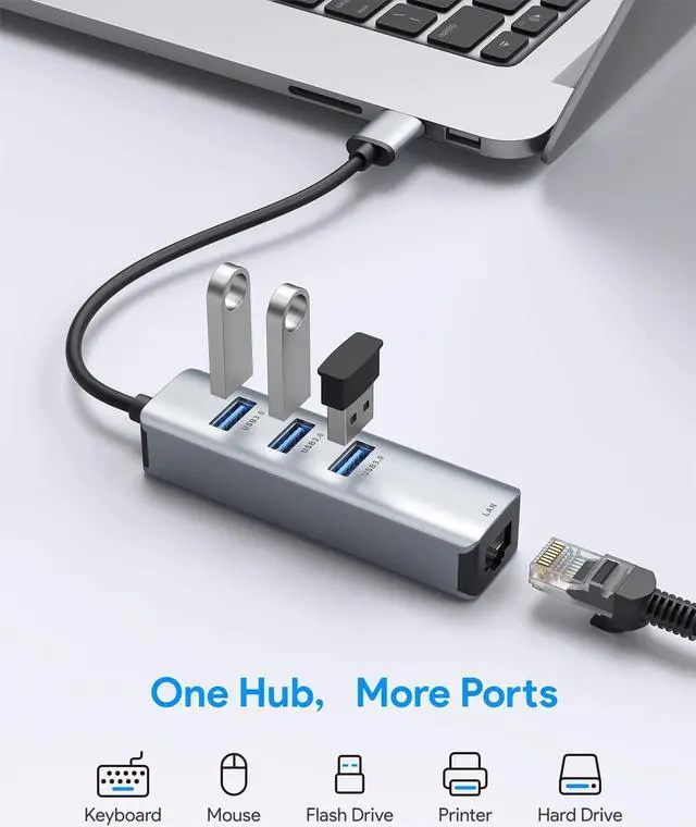 Alt view image 2 of 6 - USB 3.0 to Ethernet Adapter,ABLEWE 3-Port USB 3.0 Hub with RJ45 10/100/1000 Gigabit Ethernet Adapter Support Windows 10,8.1,Mac OS, Surface Pro,Linux,Chromebook and More