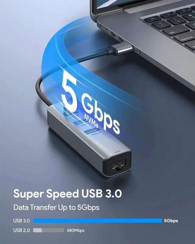 Alt view image 4 of 6 - USB 3.0 to Ethernet Adapter,ABLEWE 3-Port USB 3.0 Hub with RJ45 10/100/1000 Gigabit Ethernet Adapter Support Windows 10,8.1,Mac OS, Surface Pro,Linux,Chromebook and More