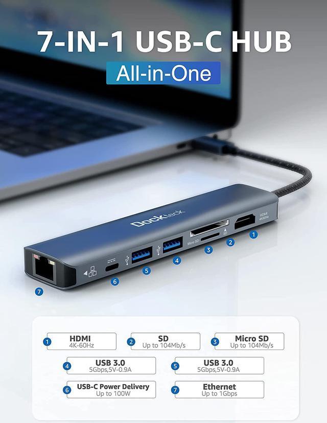 USB C Hub, TECKNET USB C Adapter, 7 IN 1 Multiport Adapter with USB C