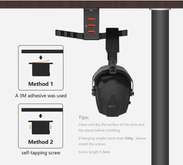 Alt view image 4 of 7 - Headphone Stand with USB Charger COZOO Under Desk Headset Holder Mount with 3 Port USB Charging Station and Smart Watch Charging Dock Dual Earphone Hanger Hook for All Headphones
