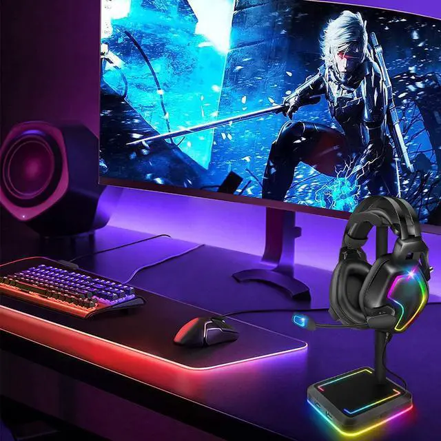 Alt view image 2 of 6 - TEEDOR Headphone Stand, RGB Gaming Headset Holder with 2 USB Charger Ports & 10 Lighting Modes for Desktop PC Game Earphone Accessories