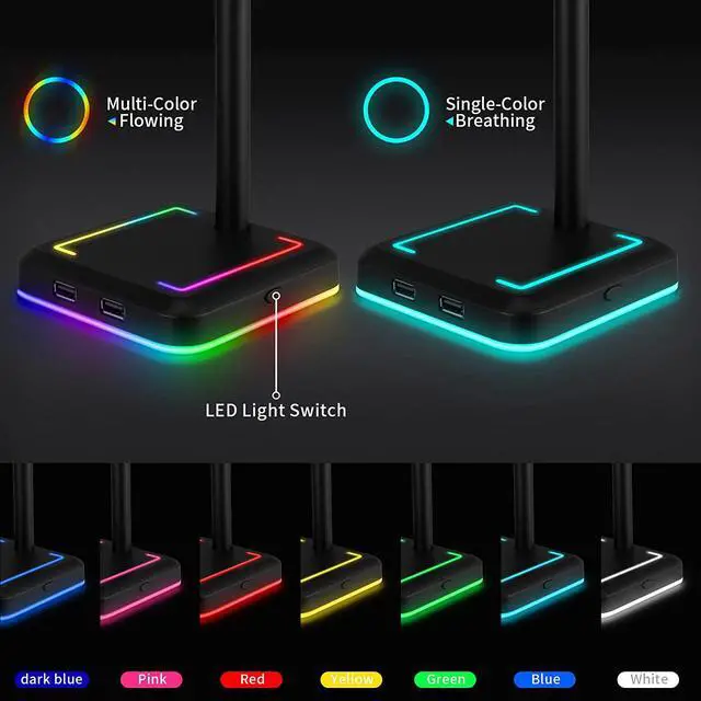 Alt view image 3 of 6 - TEEDOR Headphone Stand, RGB Gaming Headset Holder with 2 USB Charger Ports & 10 Lighting Modes for Desktop PC Game Earphone Accessories