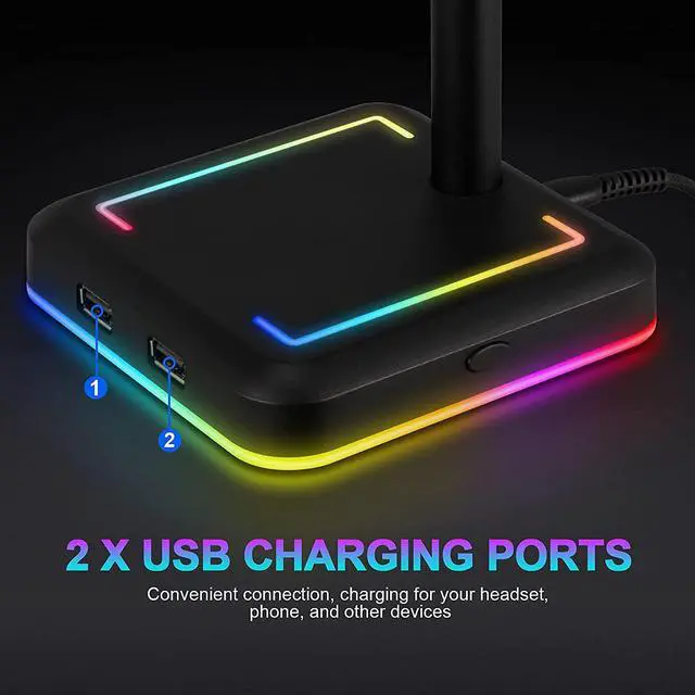 Alt view image 4 of 6 - TEEDOR Headphone Stand, RGB Gaming Headset Holder with 2 USB Charger Ports & 10 Lighting Modes for Desktop PC Game Earphone Accessories