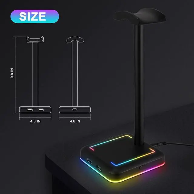 Alt view image 6 of 6 - TEEDOR Headphone Stand, RGB Gaming Headset Holder with 2 USB Charger Ports & 10 Lighting Modes for Desktop PC Game Earphone Accessories