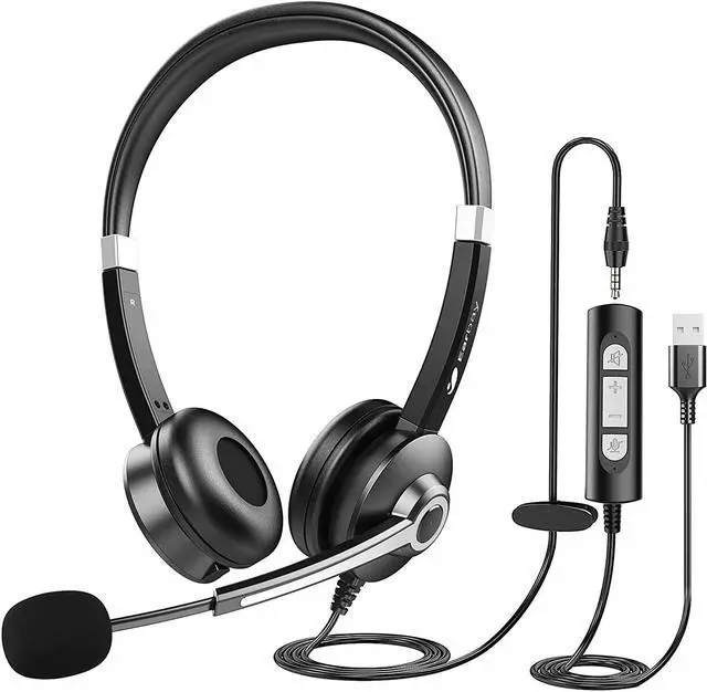 Main image of USB Computer Headset with Microphone for Laptop PC,3.5mm Wired Stereo Call Center Headset with Microphone Noise Cancelling, Corded Desktop Headphones with Mic & Mute for Office/Telework/Home/Zoom