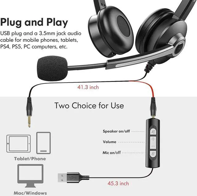 Alt view image 5 of 7 - USB Computer Headset with Microphone for Laptop PC,3.5mm Wired Stereo Call Center Headset with Microphone Noise Cancelling, Corded Desktop Headphones with Mic & Mute for Office/Telework/Home/Zoom
