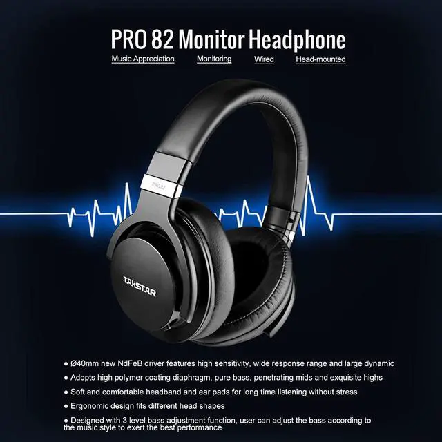 Alt view image 4 of 7 - TAKSTAR Over-Ear Monitor Headphones Bass Adjustment HiFi Stereo Dynamic Studio Noise Cancelling Headsets for Recording Monitoring  PRO 82 Black