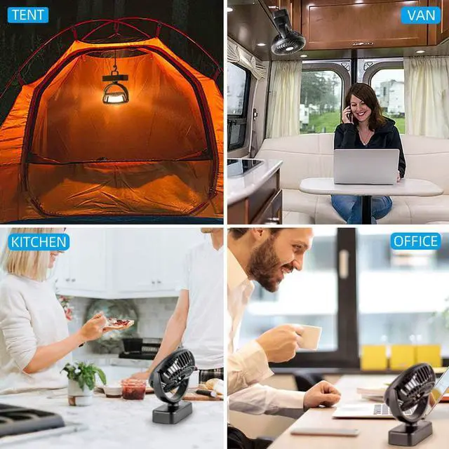 Alt view image 2 of 7 - Portable Camping Fan with LED Lantern- 40H Work Time Rechargeable Battery Operated Fan with Hanging Hook for Tent Car RV Hurricane Emergency Outages Survival Kit