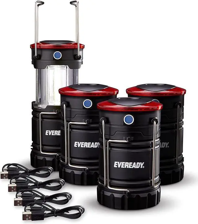 Main image of Eveready LED Camping Lanterns (4-Pack), Hybrid Power Rechargeable Collapsible Lantern Flashlights, Ultra Bright Tent Lights for Outdoors, Camping, Fishing, Emergency Black , one Size