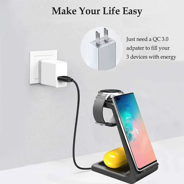 Alt view image 7 of 7 - YOCUNKER Wireless Charger for Samsung,3 in 1 Charging Station Dock for Galaxy Watch 5/4/3/2/Active 2/1/Gear S3, S22 Ultra/S21/S20/S10/Note 20/Z Flip 4/Z Fold 4/3,Galaxy Buds+/Pro/Live Black