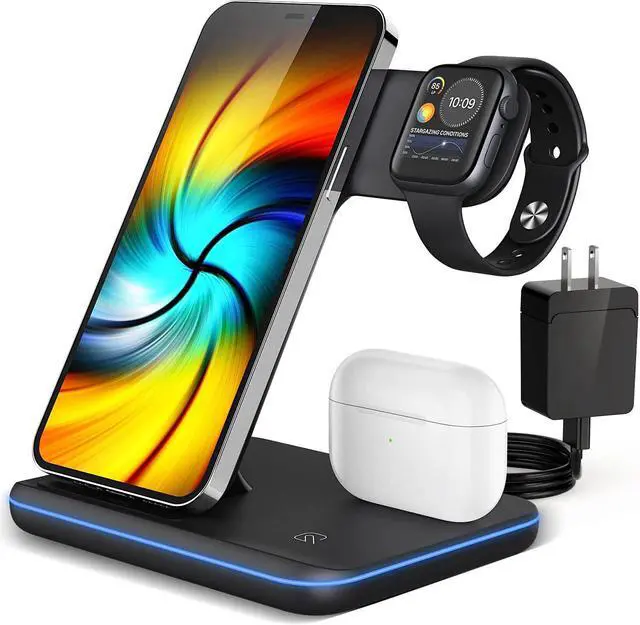 Main image of Wireless Charging Station, 2022 Upgraded 3 in 1 Wireless Charger Stand with Breathing Indicator Compatible with iPhone 14/13/12/11 Pro/XS, AirPods 3/2/1/pro 2, iWatch Series 8/7/6/5/4/3,Samsung Phones