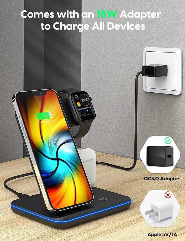 Alt view image 4 of 7 - Wireless Charging Station, 2022 Upgraded 3 in 1 Wireless Charger Stand with Breathing Indicator Compatible with iPhone 14/13/12/11 Pro/XS, AirPods 3/2/1/pro 2, iWatch Series 8/7/6/5/4/3,Samsung Phones