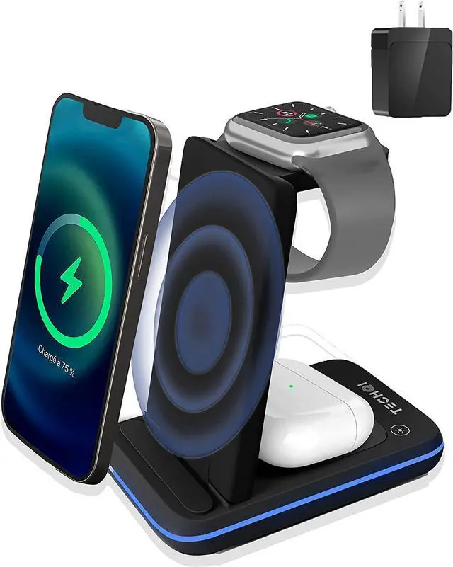 Main image of TechQi Wireless Charger 3 in 1 charging station Apple watch charger wireless charging station charging station for multiple devices Apple Samsung wireless charger Apple charging station iWatch charger