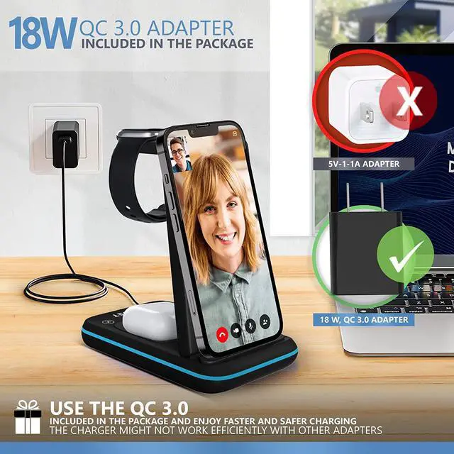 Alt view image 7 of 7 - TechQi Wireless Charger 3 in 1 charging station Apple watch charger wireless charging station charging station for multiple devices Apple Samsung wireless charger Apple charging station iWatch charger