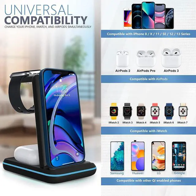 Alt view image 2 of 7 - TechQi Wireless Charger 3 in 1 charging station Apple watch charger wireless charging station charging station for multiple devices Apple Samsung wireless charger Apple charging station iWatch charger