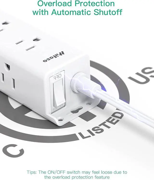Alt view image 6 of 7 - Surge Protector Power Strip, 12 Wide Spaced Multi Outlets, Wall Mount | 3 Side Outlet Extender with Extension Cord, Flat Plug, Overload Protection, Home Office Dorm Room Essentials (5FT, White)