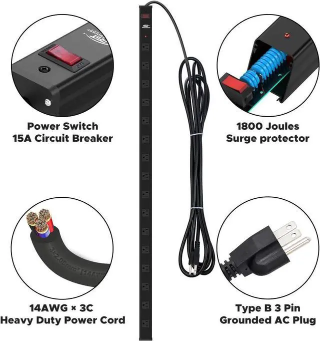 Alt view image 4 of 7 - CRST Heavy Duty Surge Protector Power Strip Wide Spaced 16-Outlet 15 Feet Long Extension Cord Power with Circuit Breaker 1800 Joule for Home, Office, Commercial