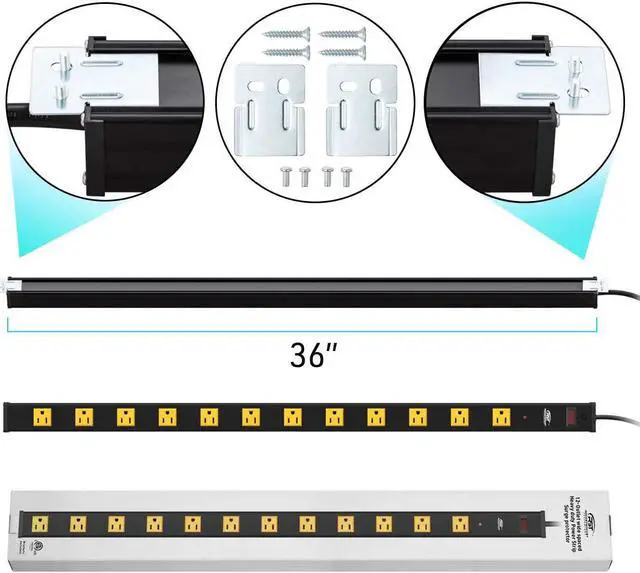 Alt view image 7 of 7 - CRST Heavy Duty Surge Protector Power Strip Wide Spaced 12-Outlet 15 Feet Long Extension Cord with Mounting Brackets 15A Circuit Breaker 1800 Joules