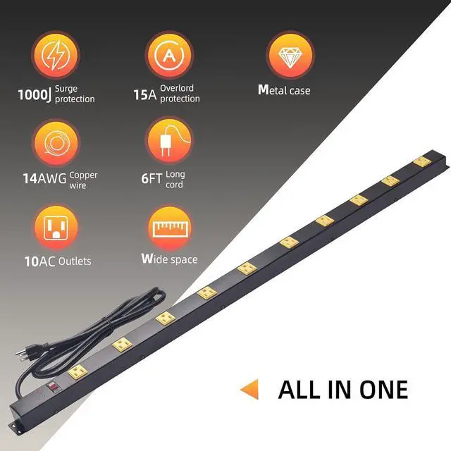 Alt view image 2 of 7 - 10-Outlet Heavy Duty Power Strip Surge Protector Metal Long Extension Cord 6-Foot, SGS Certified,Black(1000J)