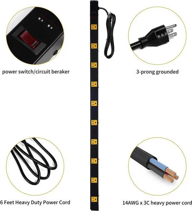 Alt view image 3 of 7 - 10-Outlet Heavy Duty Power Strip Surge Protector Metal Long Extension Cord 6-Foot, SGS Certified,Black(1000J)