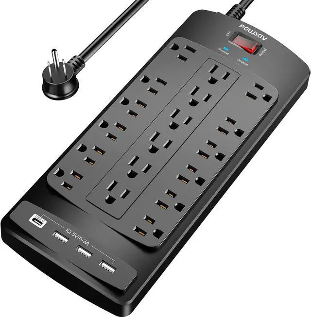 Main image of 18 Outlets Surge Protector Power Strip - 6 Feet Flat Plug Heavy Duty Extension Cord with 18 Widely Outlets and 4 USB Ports, 2100 Joules, Black, ETL Listed