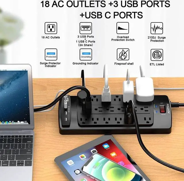 Alt view image 2 of 7 - 18 Outlets Surge Protector Power Strip - 6 Feet Flat Plug Heavy Duty Extension Cord with 18 Widely Outlets and 4 USB Ports, 2100 Joules, Black, ETL Listed