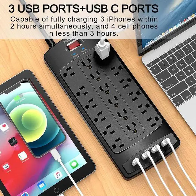 Alt view image 3 of 7 - 18 Outlets Surge Protector Power Strip - 6 Feet Flat Plug Heavy Duty Extension Cord with 18 Widely Outlets and 4 USB Ports, 2100 Joules, Black, ETL Listed