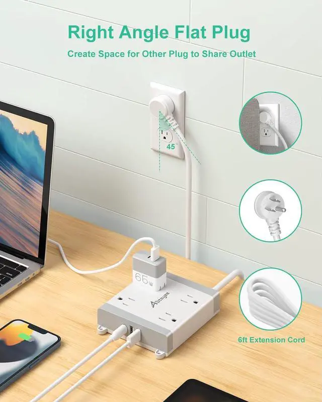 Alt view image 7 of 7 - Alitayee Mountable Surge Protector Power Strip, Wall Mount Power Strip with 4 Outlets and 3 USB, Flat Plug, Shutter Safety and Circuit Breaker Switch, 6 Ft Extension Cord for College Home Office Dorm