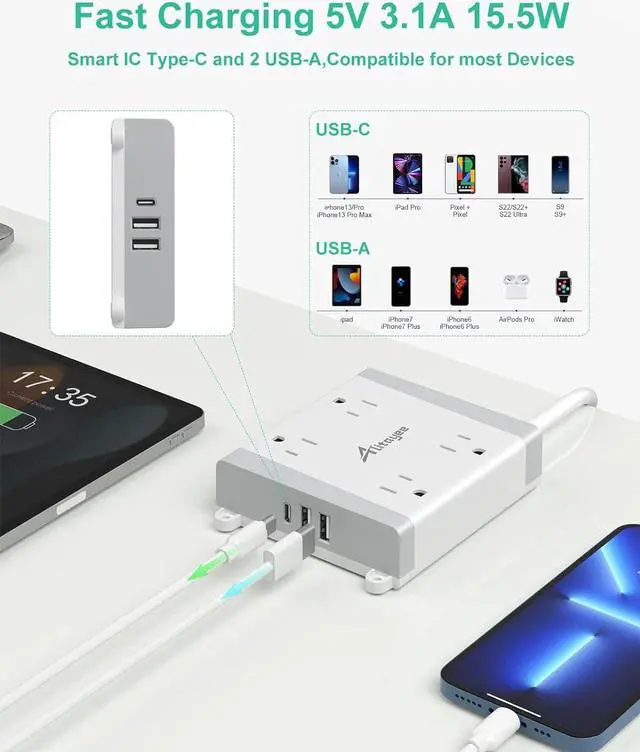 Alt view image 3 of 7 - Alitayee Mountable Surge Protector Power Strip, Wall Mount Power Strip with 4 Outlets and 3 USB, Flat Plug, Shutter Safety and Circuit Breaker Switch, 6 Ft Extension Cord for College Home Office Dorm