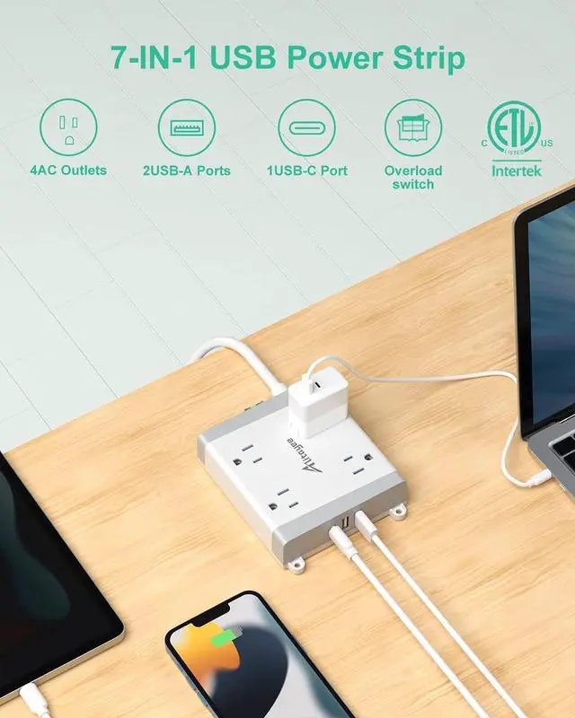 Alt view image 4 of 7 - Alitayee Mountable Surge Protector Power Strip, Wall Mount Power Strip with 4 Outlets and 3 USB, Flat Plug, Shutter Safety and Circuit Breaker Switch, 6 Ft Extension Cord for College Home Office Dorm