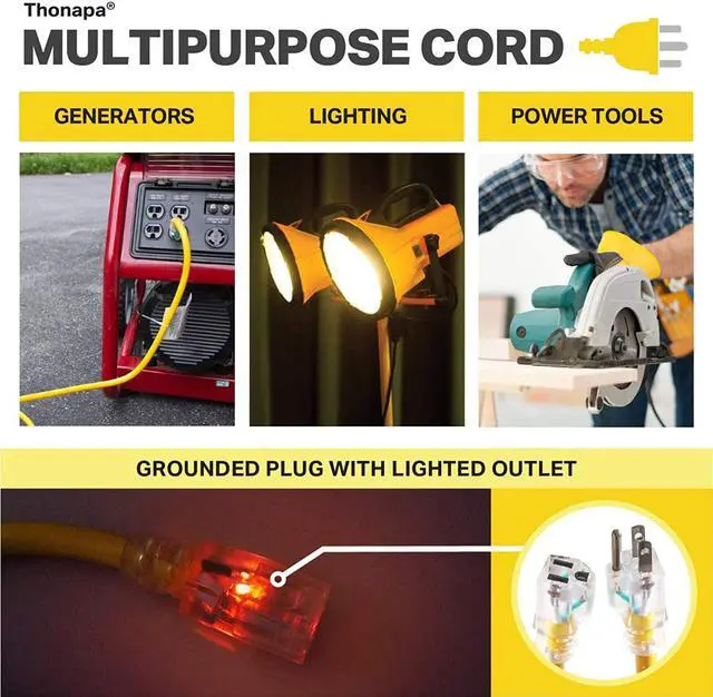 Alt view image 4 of 5 - 10 Gauge Extension Cord 10 ft, Weatherproof Heavy Duty Outdoor Extension Cord Ten AWG, SJTW 3 Prong Lighted Plug 10/3 Yellow Cable 15 Amp, Great for Major Appliances & Garden Tools