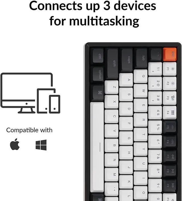 Alt view image 3 of 7 - Keychron K2 75% Layout 84 Keys Hot-swappable Bluetooth Wireless/USB Wired Mechanical Keyboard with Gateron G Pro Brown Switch/Double-Shot Keycaps/RGB Backlight/Aluminum Frame for Mac Windows Version 2