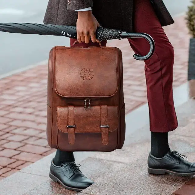 Alt view image 2 of 7 - Vintage Faux Leather Backpack, Slim Laptop Backpack Travel Waterproof Pack Weekend Daypack Bag for Men Women,Brown