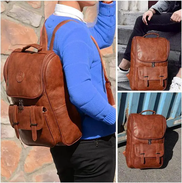 Alt view image 7 of 7 - Vintage Faux Leather Backpack, Slim Laptop Backpack Travel Waterproof Pack Weekend Daypack Bag for Men Women,Brown