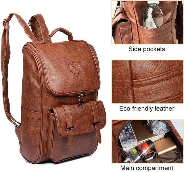 Alt view image 3 of 7 - QWARVEL Vegan Faux Leather Laptop Backpack for Men Women, Fashion Laptop Bag, Travel Waterproof Backpack, Brown