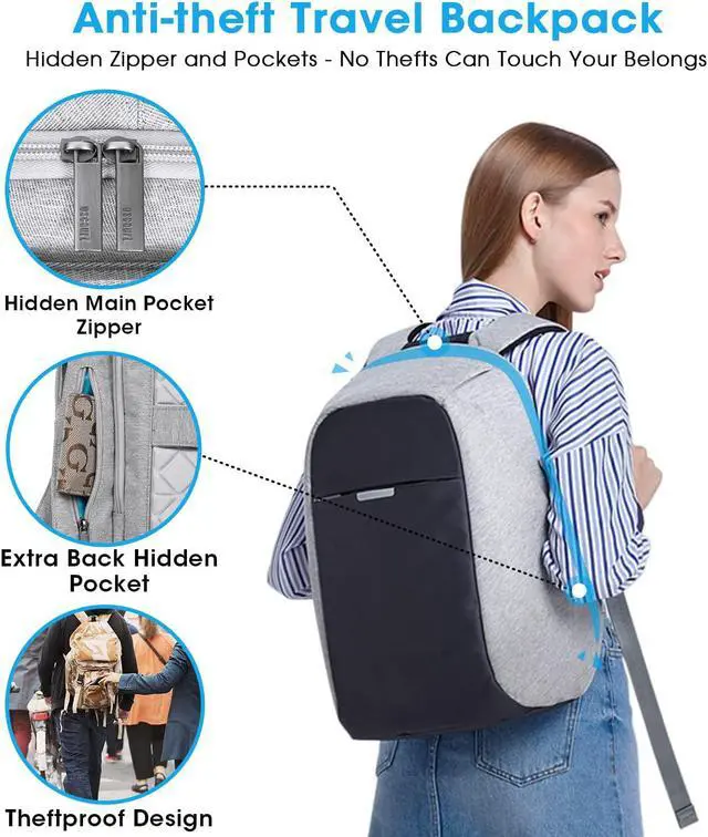 Alt view image 2 of 7 - Anti Theft Backpack - 15.6 Inch Laptop Travel Backpack with Hidden Zipper and USB Charging Port - Waterproof Business Computer Bag for Men & Women