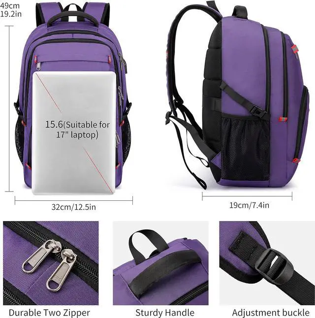 Alt view image 4 of 7 - Cafele Travel Laptop Backpack 17.3 inch,Extra Large School Backpack Bookbag Computer Rucksack with USB Charging Port,Water Resistant Backpacks for Business College Travel,Women Casual Daypack,Purple