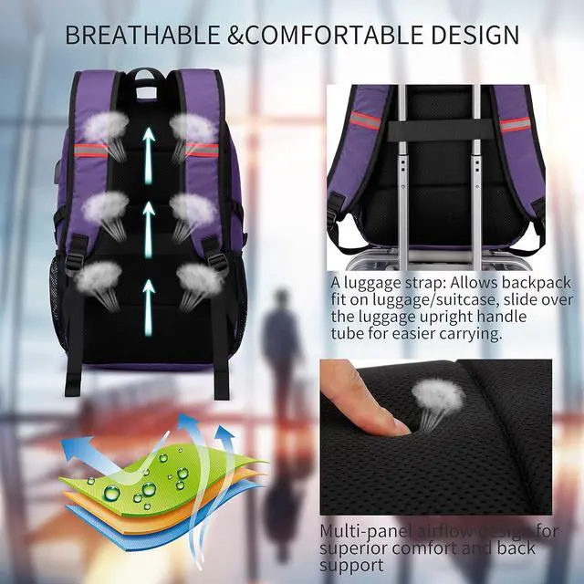 Alt view image 5 of 7 - Cafele Travel Laptop Backpack 17.3 inch,Extra Large School Backpack Bookbag Computer Rucksack with USB Charging Port,Water Resistant Backpacks for Business College Travel,Women Casual Daypack,Purple
