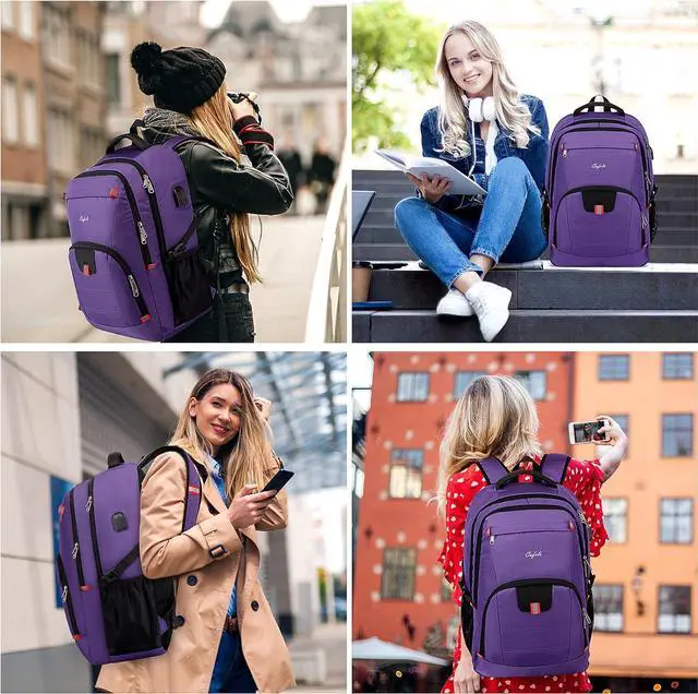 Alt view image 7 of 7 - Cafele Travel Laptop Backpack 17.3 inch,Extra Large School Backpack Bookbag Computer Rucksack with USB Charging Port,Water Resistant Backpacks for Business College Travel,Women Casual Daypack,Purple