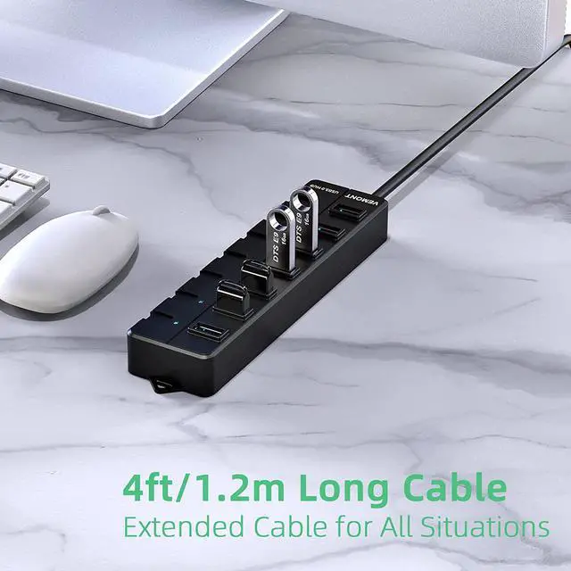 Alt view image 4 of 7 - USB hub,7 Port USB 3.0 Hub, 3.0 USB Splitter with Individual On/Off Switches and Lights, 4ft/1.2m Long Cable USB Extension for Laptop and PC Computer