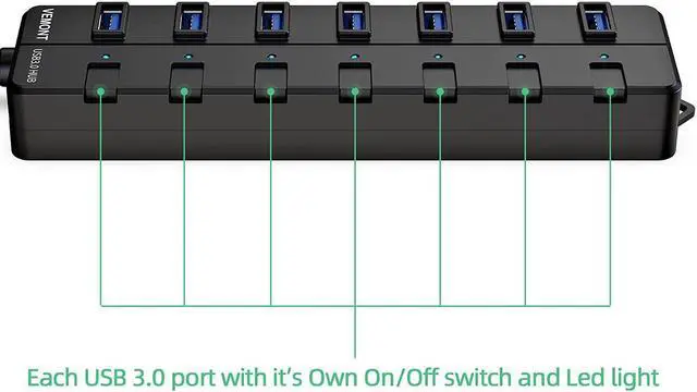 Alt view image 5 of 7 - USB hub,7 Port USB 3.0 Hub, 3.0 USB Splitter with Individual On/Off Switches and Lights, 4ft/1.2m Long Cable USB Extension for Laptop and PC Computer