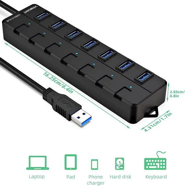 Alt view image 7 of 7 - USB hub,7 Port USB 3.0 Hub, 3.0 USB Splitter with Individual On/Off Switches and Lights, 4ft/1.2m Long Cable USB Extension for Laptop and PC Computer