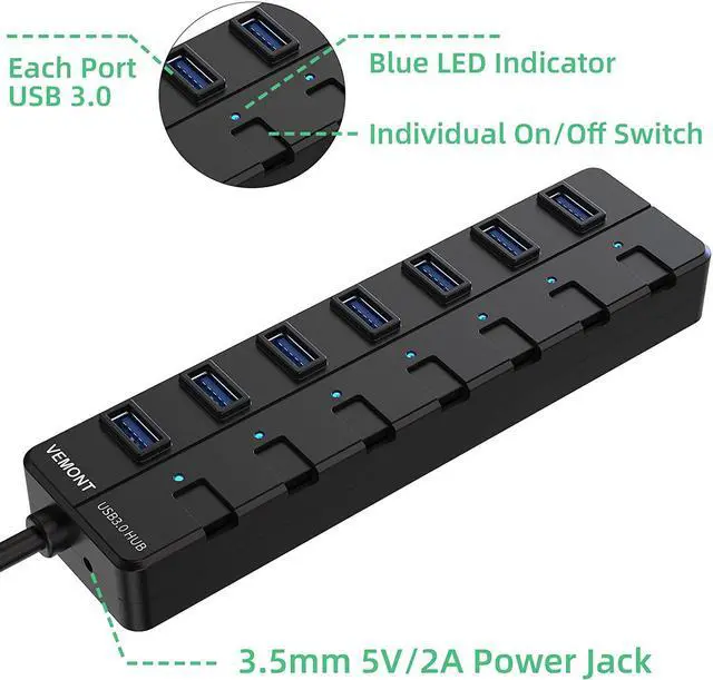 Alt view image 4 of 7 - VEMONT USB hub,Computer Peripheral Equipment 7-Port USB 3.0 hub with 5V2A Power Adapter and Individual On/Off Switches,USB Charging hub 4ft/1.2m Long Cable