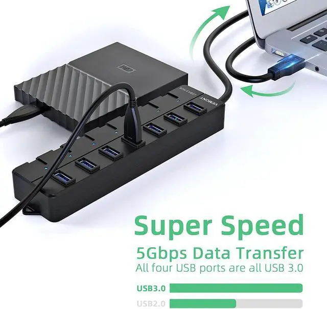 Alt view image 3 of 7 - USB hub,7 Port USB 3.0 Hub, 3.0 USB Splitter with Individual On/Off Switches and Lights, 4ft/1.2m Long Cable USB Extension for Laptop and PC Computer