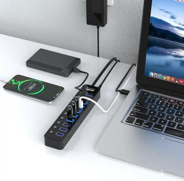 Alt view image 6 of 6 - Powered USB 3.0 Hub,  10 Ports USB Data Hub Splitter with Individual ON/Off Switches and 12V/2.5A Power Adapter USB Extension for Mouse, Keyboard, Hard Drive or More USB Devices