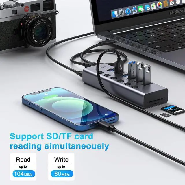 Alt view image 5 of 7 - Powered USB Hub, 8-Port USB Hub 3.0 with SD/TF Card Readers, USB 3.0 Port Hub with Individual On/Off Switches and 5V/4A Power Adapter, USB C Hub Splitter for Laptop