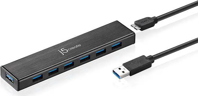 Main image of j5create 7-Port Powered USB 3.0 Data Hub with 3.3 ft Extended Cable [20W Power Adapter Included] for Mac, MacBook, Windows, Laptop, Surface, XPS, PC (JUH377)