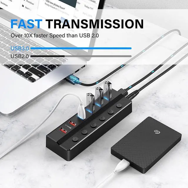 Alt view image 3 of 7 - USB Hub 3.0 Powered, 6 Ports USB Hub Splitter (4 High Speed Data Transfer Ports + 2 Smart Charging Ports) with Individual On/Off Switches and 48W Power Adapter for Mac Pro/Mini, PC, HDD, Disk