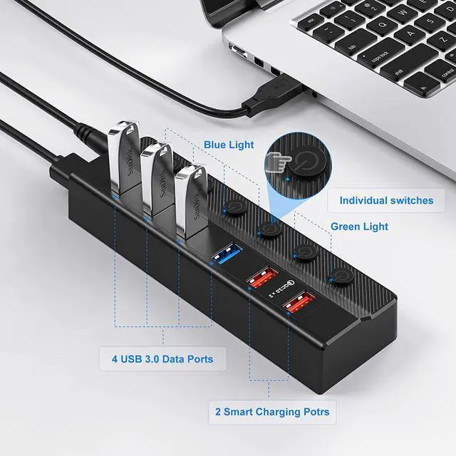 Alt view image 4 of 7 - USB Hub 3.0 Powered, 6 Ports USB Hub Splitter (4 High Speed Data Transfer Ports + 2 Smart Charging Ports) with Individual On/Off Switches and 48W Power Adapter for Mac Pro/Mini, PC, HDD, Disk